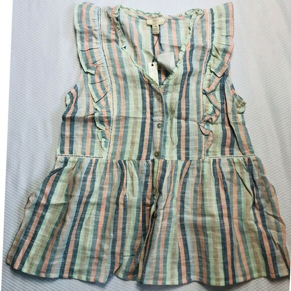 Cupio Multi Color Striped Ruffle Sleeveless Button Up Shirt Top Blouse Size M NW - Picture 4 of 6
